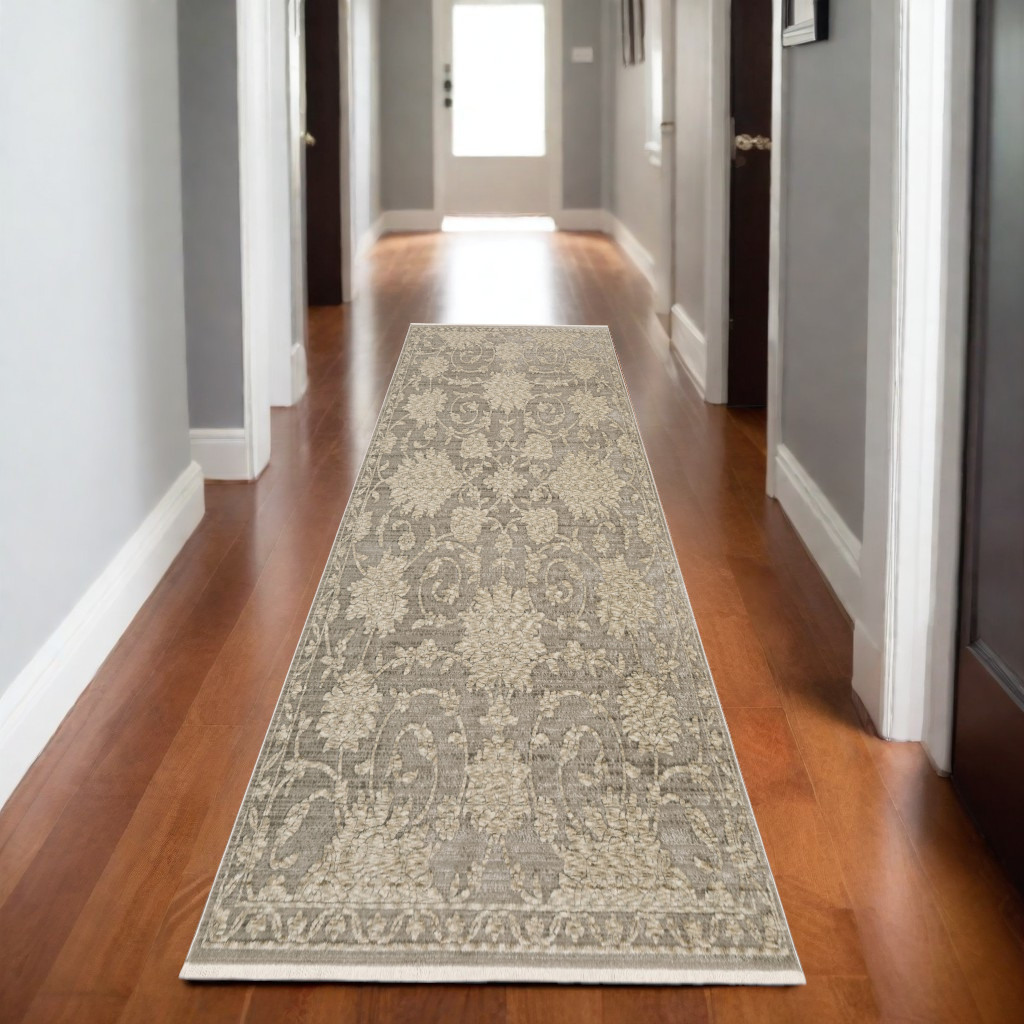 8' Gray And Beige Floral Runner Rug With Fringe-575697-1