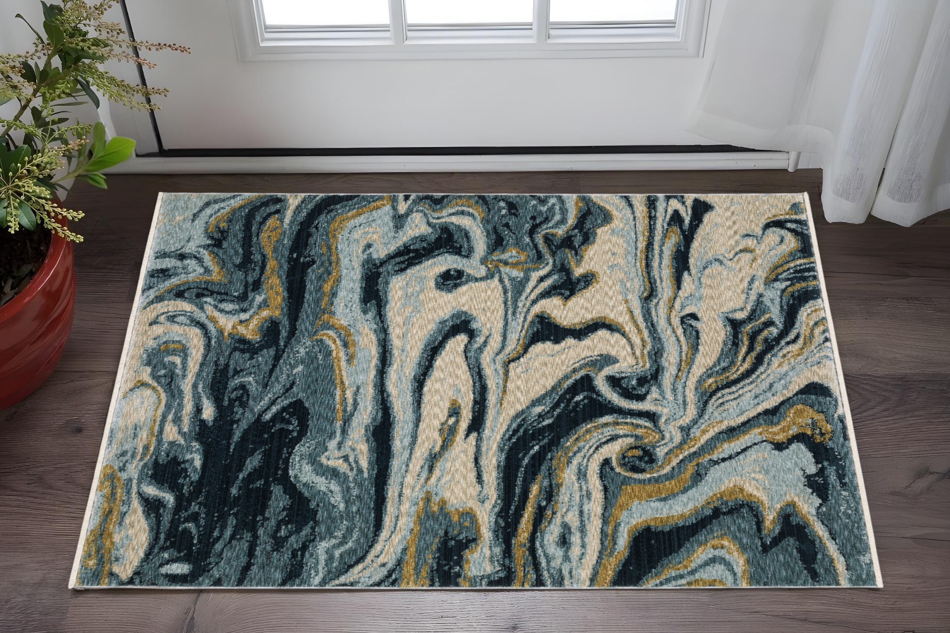 3' X 5' Navy Blue And Teal Abstract Area Rug With Fringe-575698-1