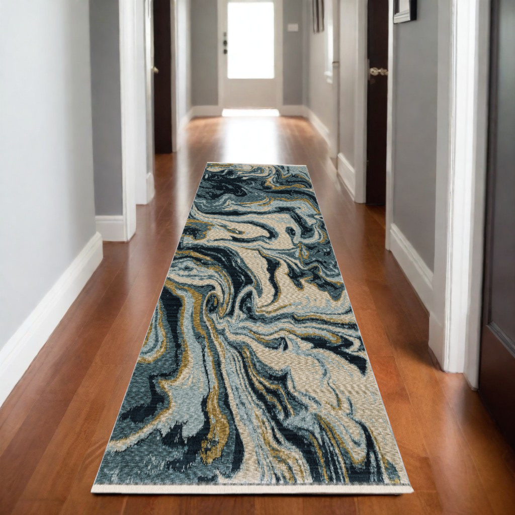 8' Navy Blue And Teal Abstract Runner Rug With Fringe-575699-1