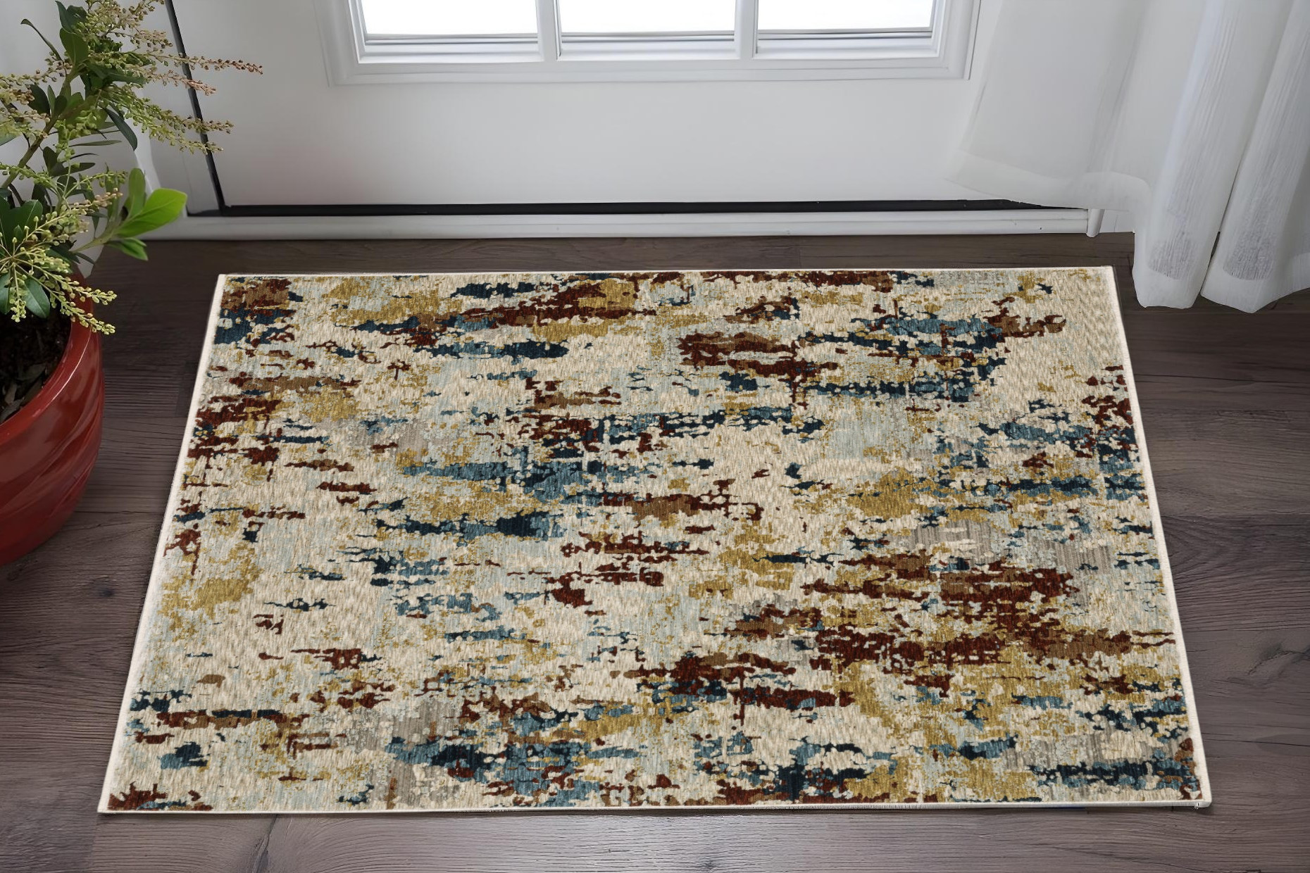 3' X 5' Beige Rust And Tan Abstract Area Rug With Fringe-575700-1