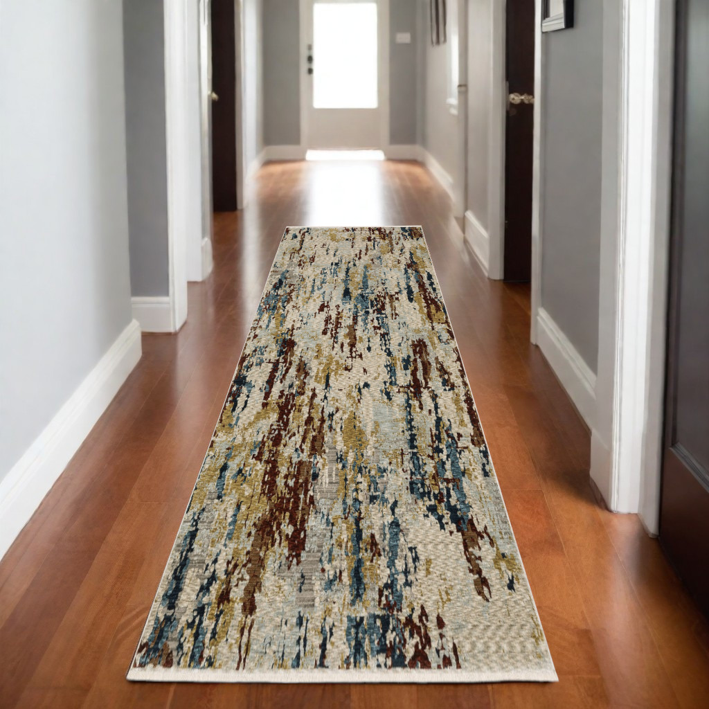 8' Beige Rust And Tan Abstract Runner Rug With Fringe-575701-1