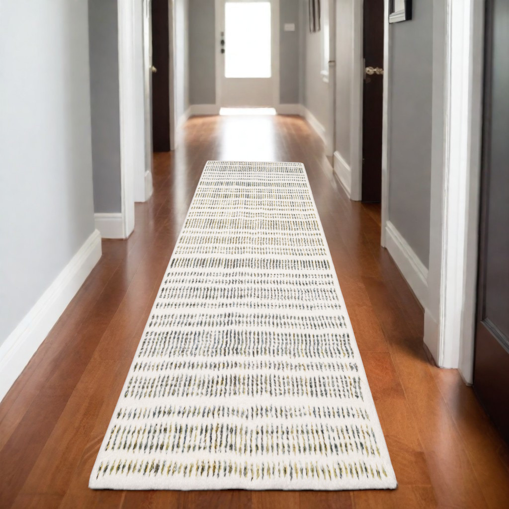 8' Ivory Yellow And Black Striped Runner Rug-575703-1