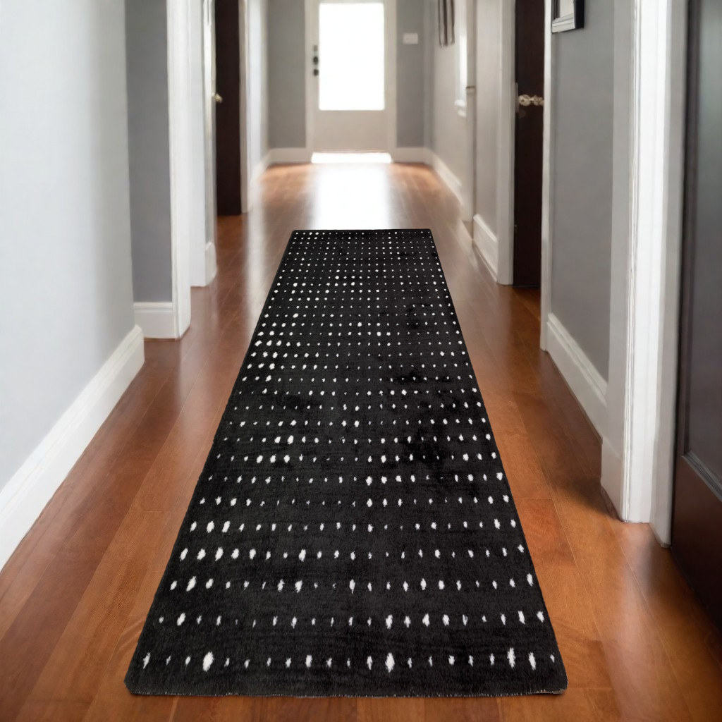 8' Black And Ivory Geometric Runner Rug-575705-1