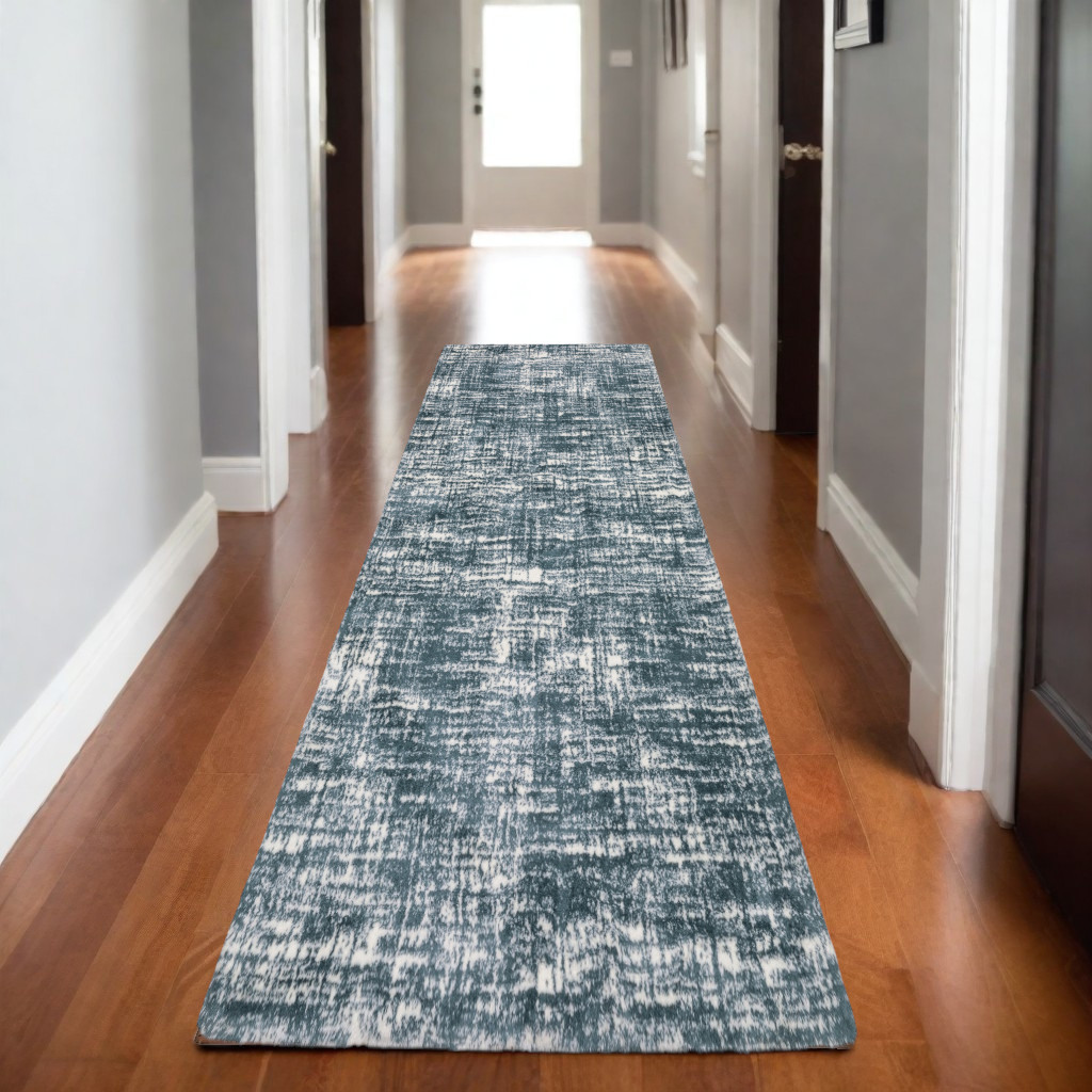 8' Teal And Ivory Geometric Runner Rug-575709-1
