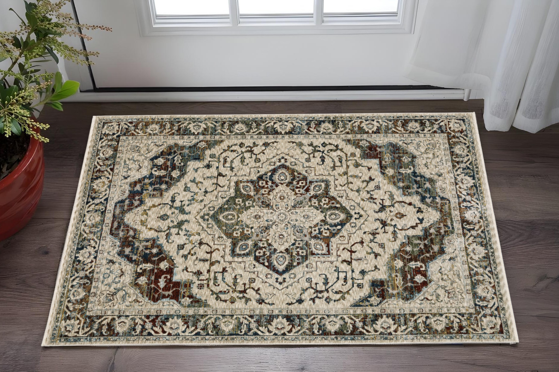 3' X 5' Beige Rust And Blue Medallion Area Rug With Fringe-575712-1