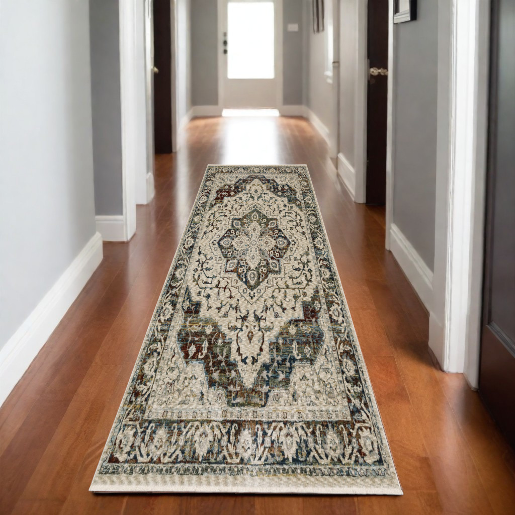 8' Beige Rust And Blue Medallion Runner Rug With Fringe-575713-1