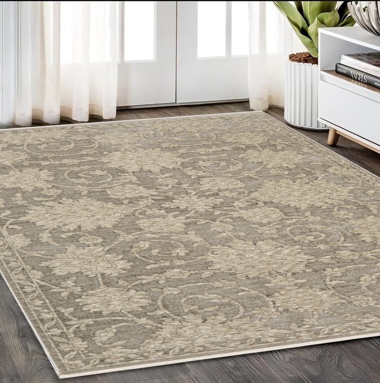 5' X 8' Gray And Beige Floral Area Rug With Fringe-575778-1