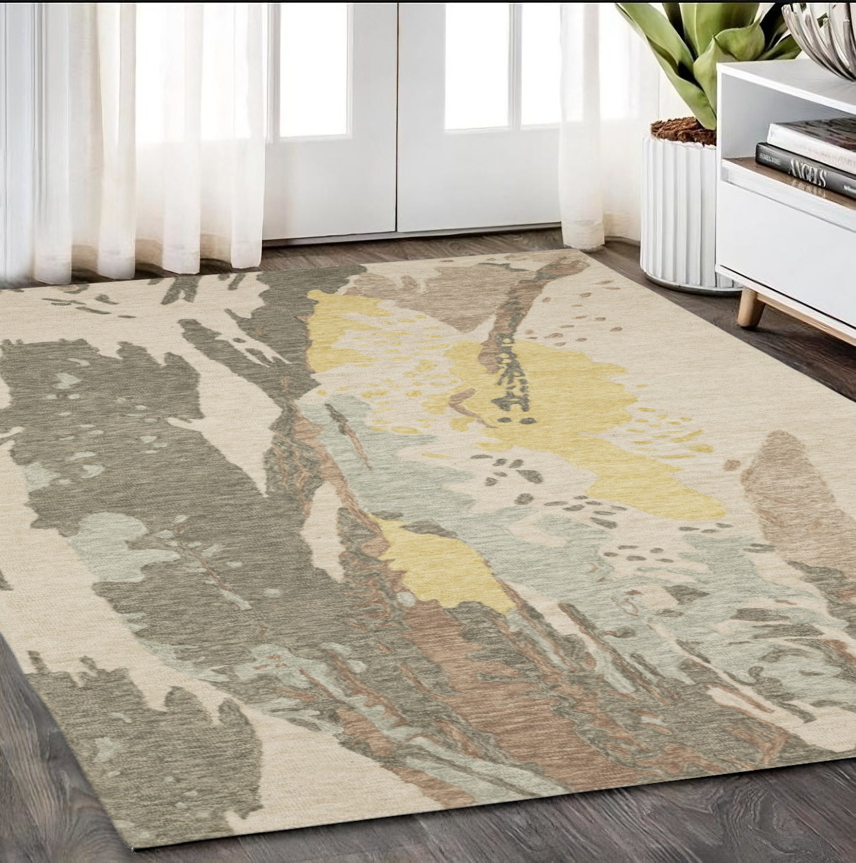5' X 8' Beige And Yellow Wool Abstract Hand Tufted Area Rug-575945-1