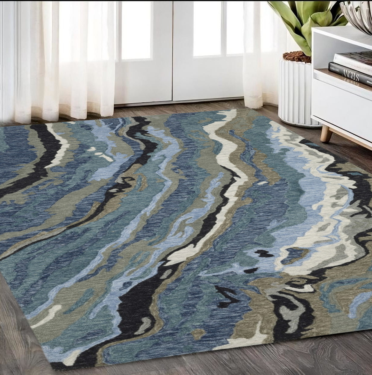 5' X 8' Blue And Teal Wool Abstract Hand Tufted Area Rug-575946-1