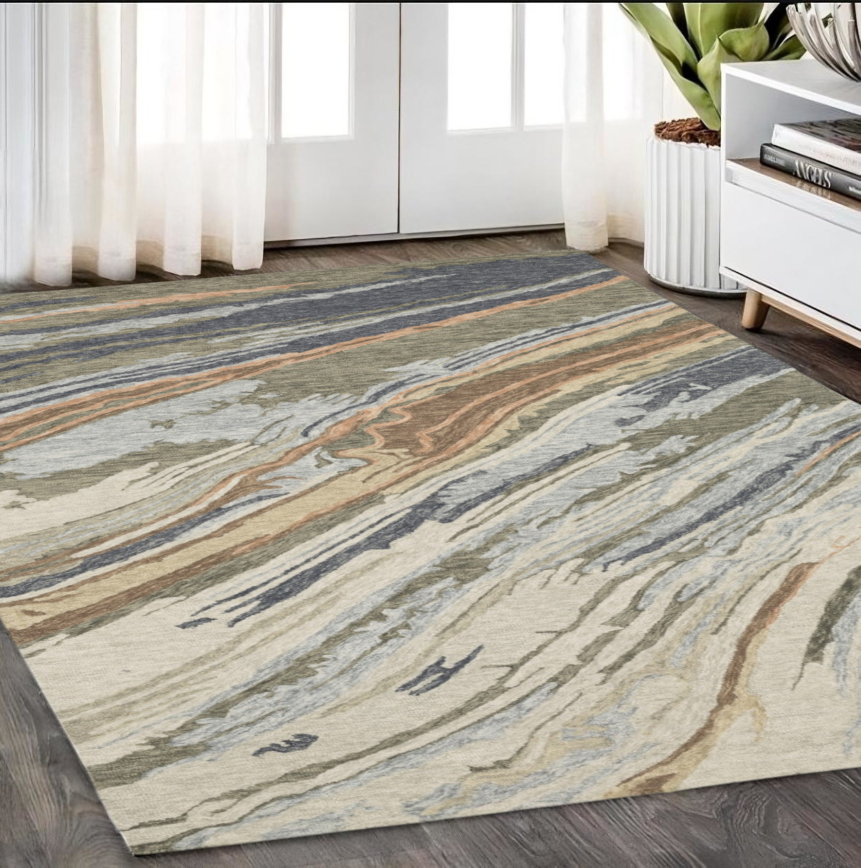 5' X 8' Gray And Blue Wool Abstract Hand Tufted Area Rug-575947-1