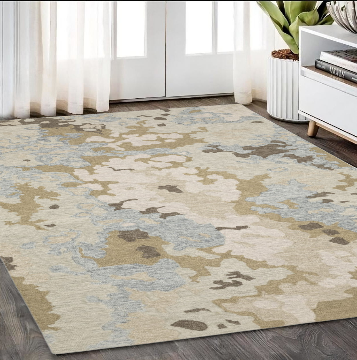5' X 8' Beige And Blue Wool Abstract Hand Tufted Area Rug-575949-1