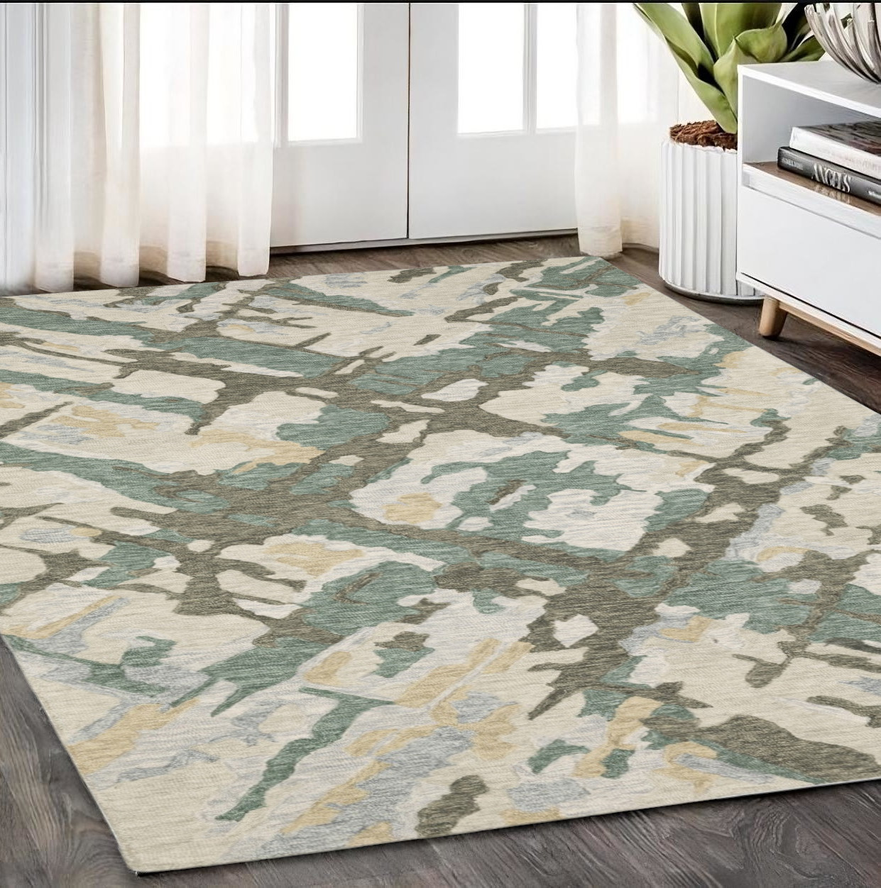 5' X 8' Gray And Teal Wool Abstract Hand Tufted Area Rug-575951-1