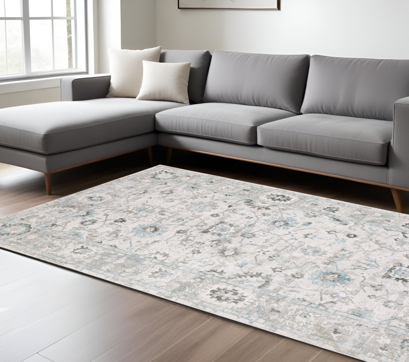 6' X 9' Ivory And Teal Blue Oriental Hand Tufted Area Rug-575956-1