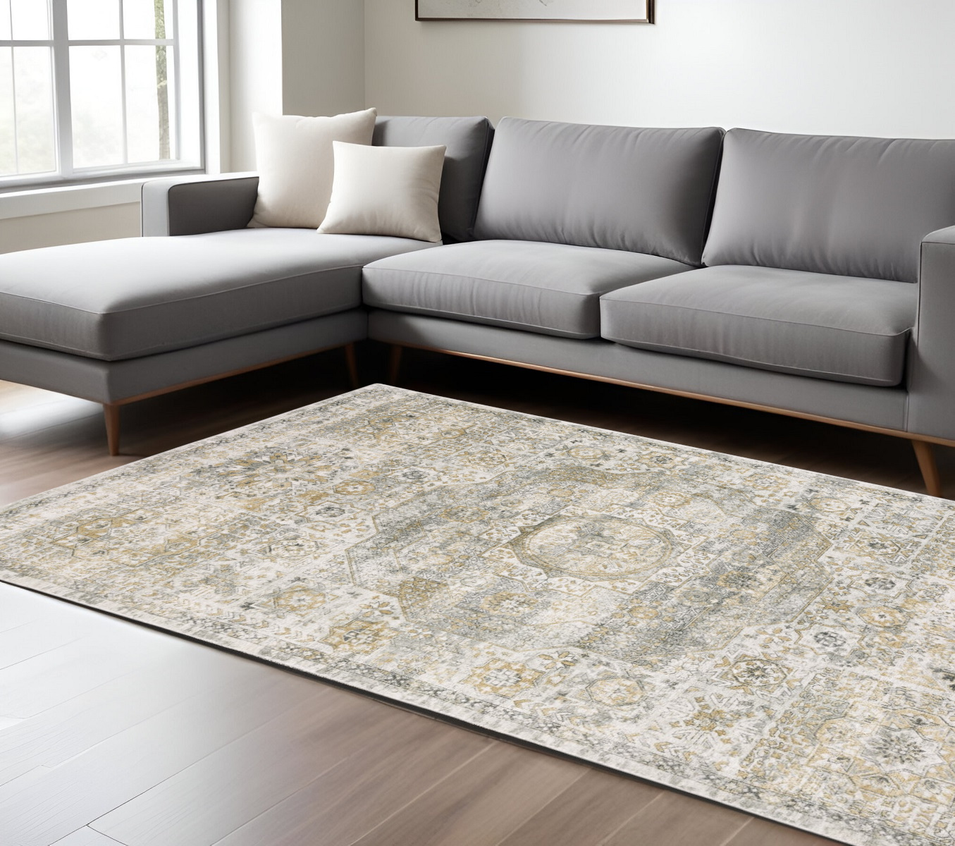 6' X 9' Gray And Gold Medallion Hand Tufted Area Rug-575957-1