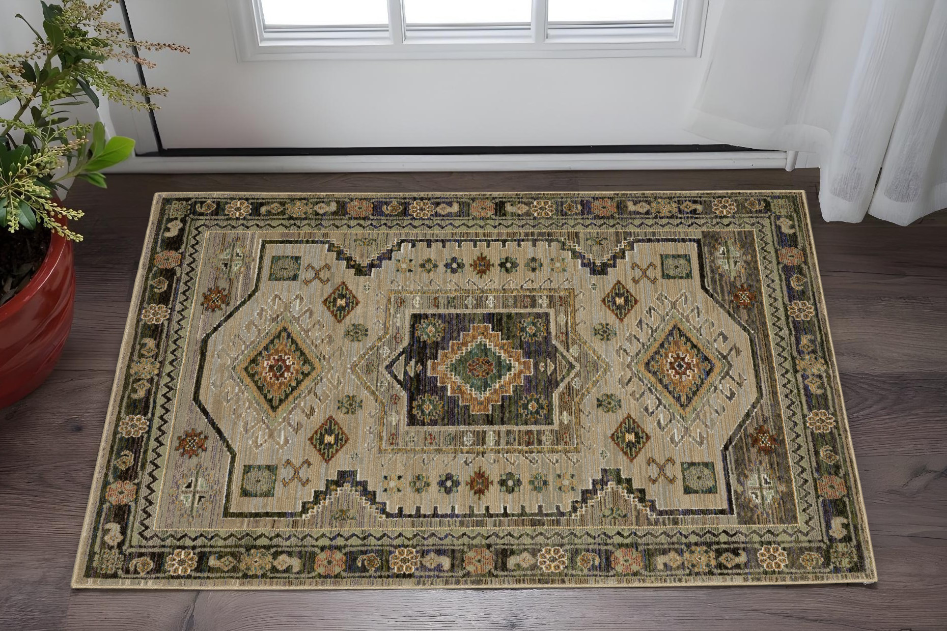 3' X 5' Gray And Green Tribal Area Rug-575968-1