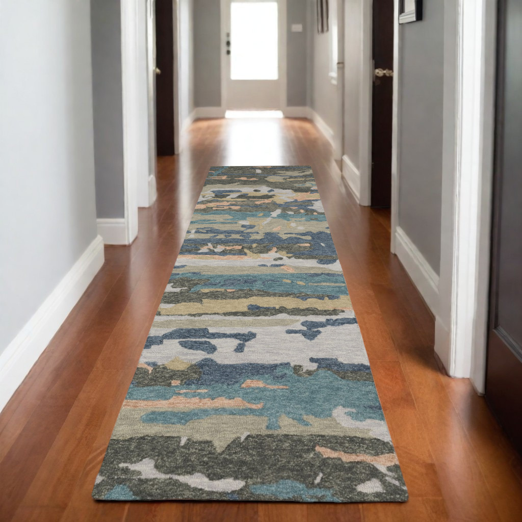 8' Gray And Blue Wool Abstract Hand Tufted Runner Rug-575994-1