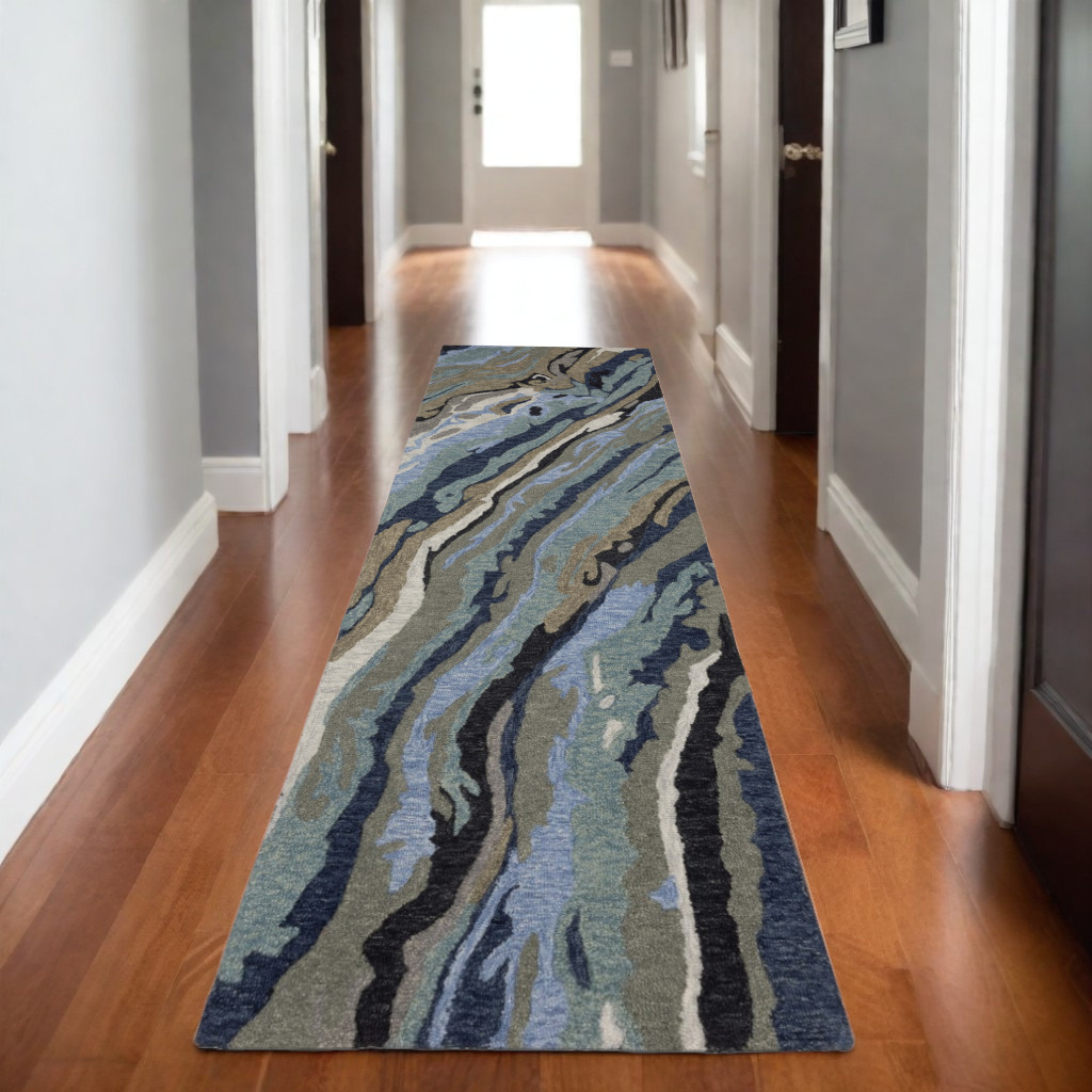 8' Blue And Teal Wool Abstract Hand Tufted Runner Rug-575996-1