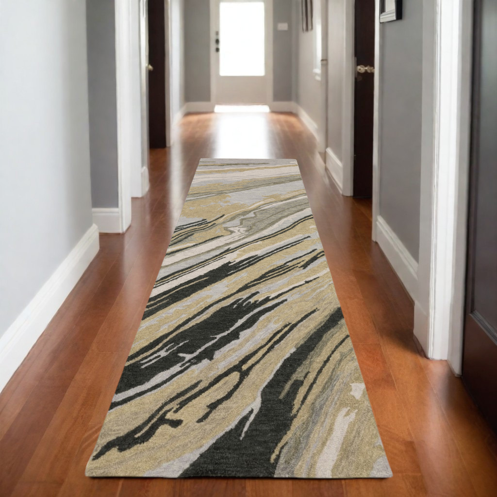 8' Gray And Gold Wool Abstract Hand Tufted Runner Rug-575998-1