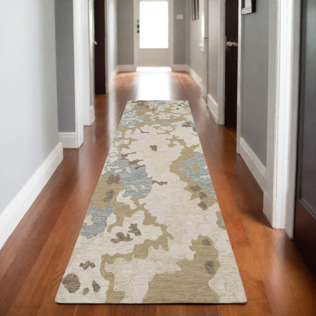 8' Beige And Blue Wool Abstract Hand Tufted Runner Rug-575999-1