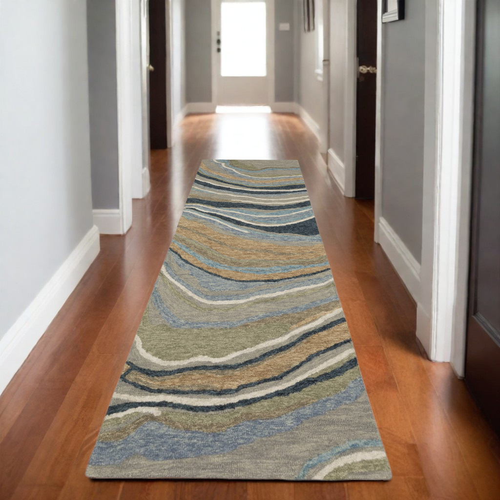 8' Gray And Blue Wool Abstract Hand Tufted Runner Rug-576000-1