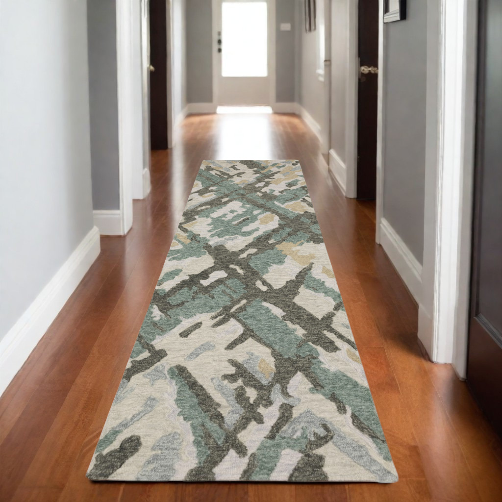 8' Gray And Teal Wool Abstract Hand Tufted Runner Rug-576001-1