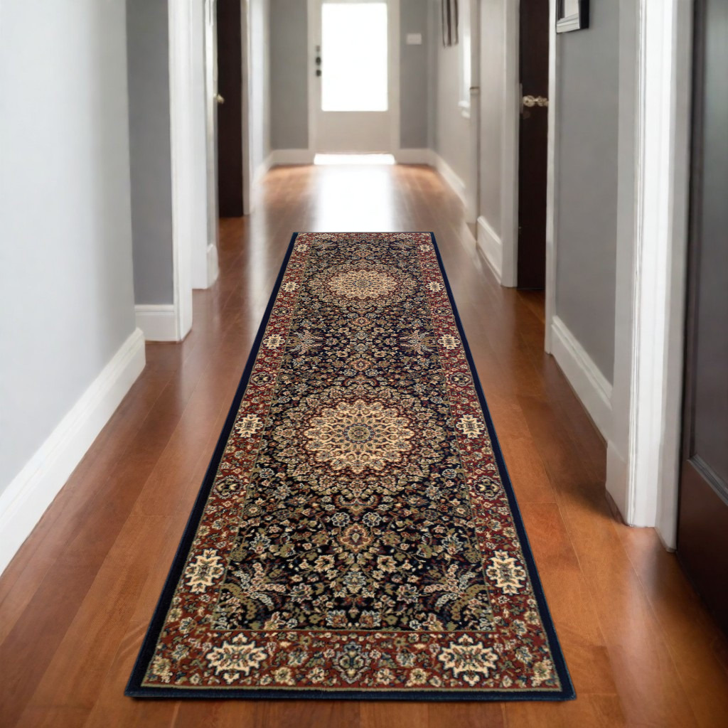 8' Blue And Red Oriental Runner Rug-576002-1