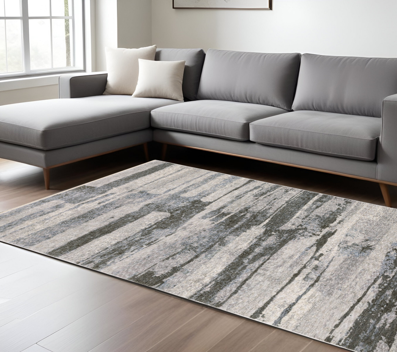 8' X 11' Gray And Ivory Abstract Area Rug With Fringe-576109-1