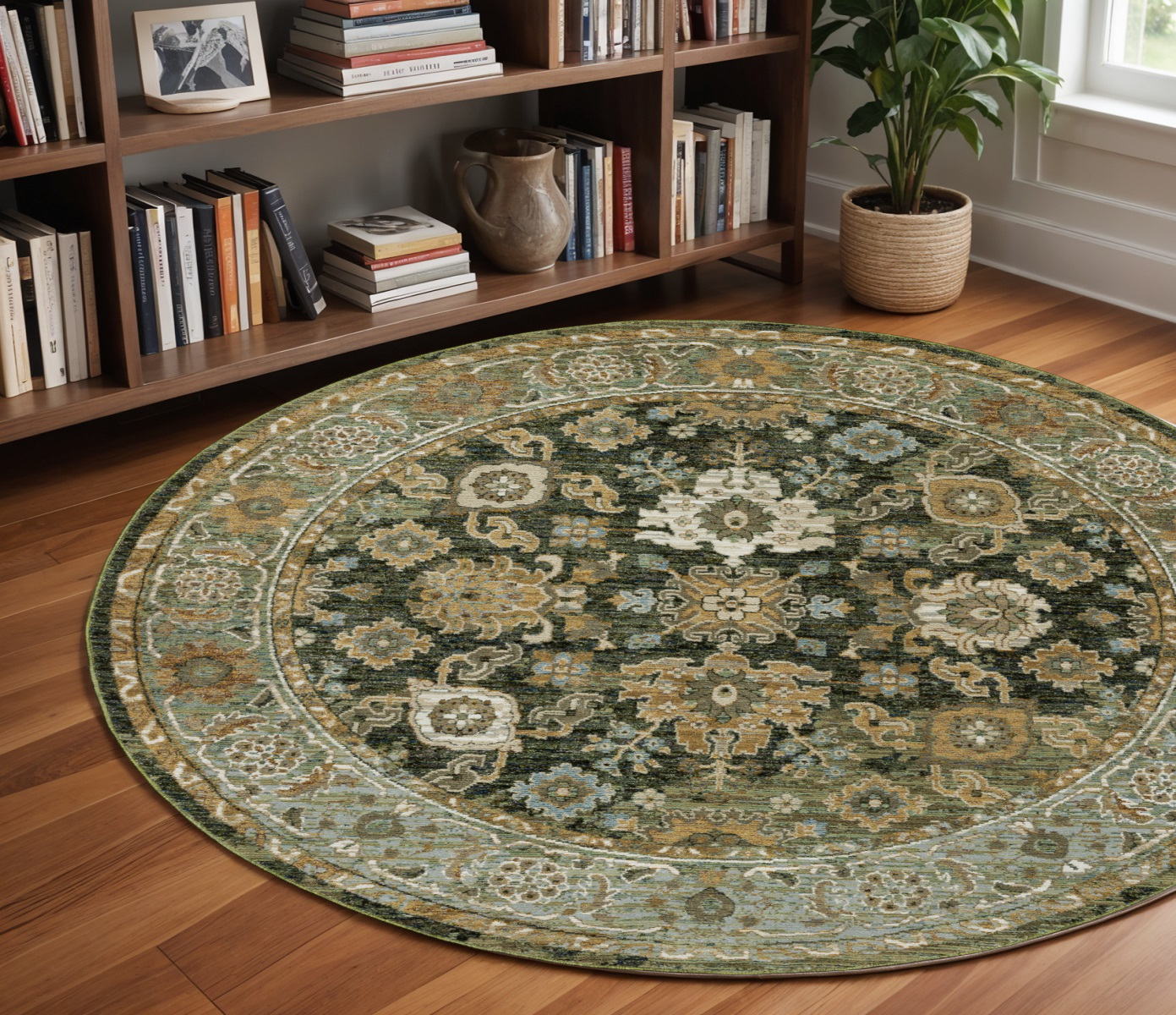 8' Green And Gold Oriental Round Rug-576115-1