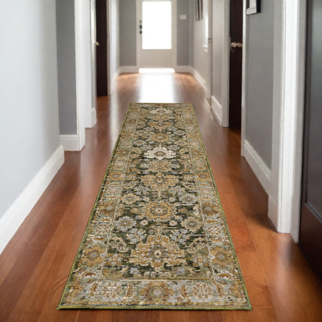 8' Green And Gold Oriental Runner Rug-576116-1
