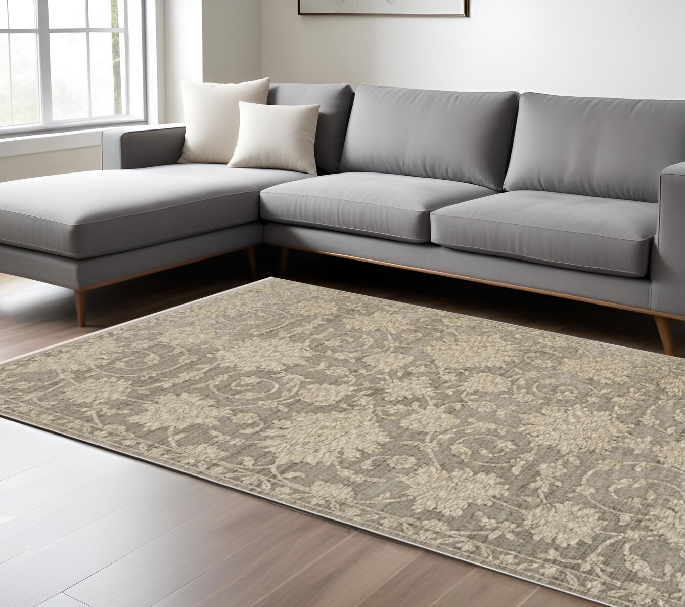 7' X 10' Gray And Beige Floral Area Rug With Fringe-576171-1