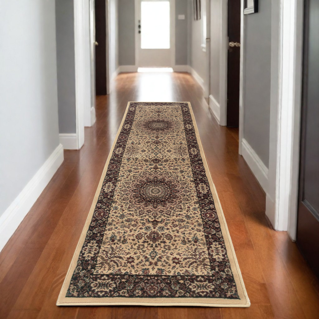 9' Ivory And Black Oriental Runner Rug-576194-1