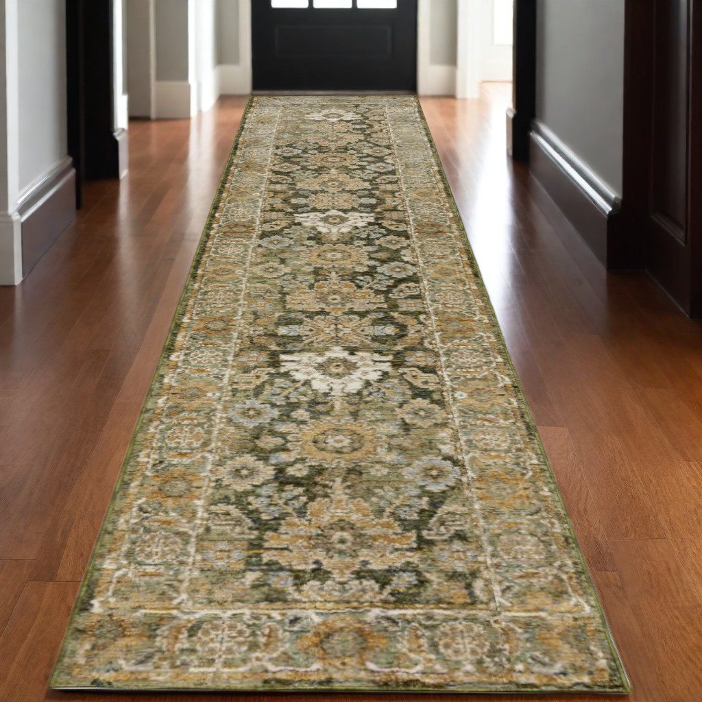 12' Green And Gold Oriental Runner Rug-576256-1