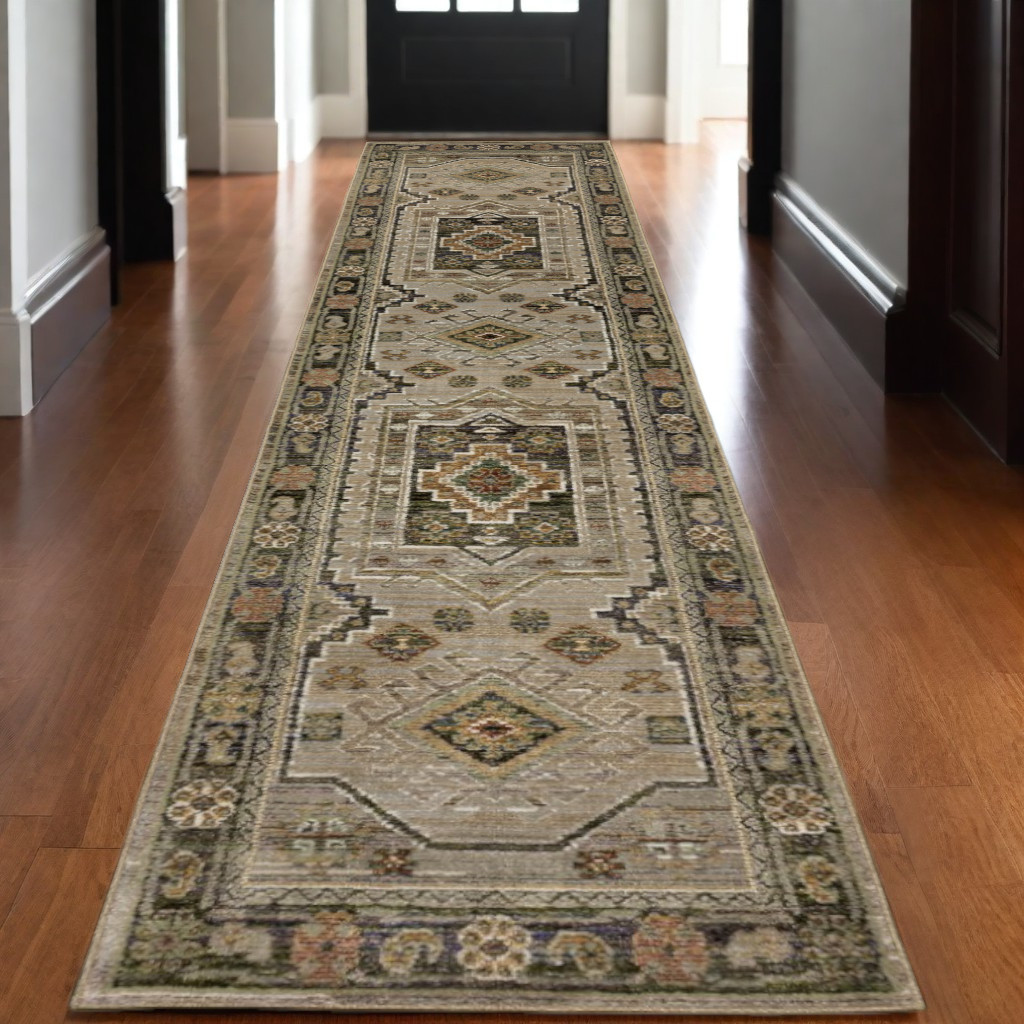 12' Gray And Green Tribal Runner Rug-576262-1