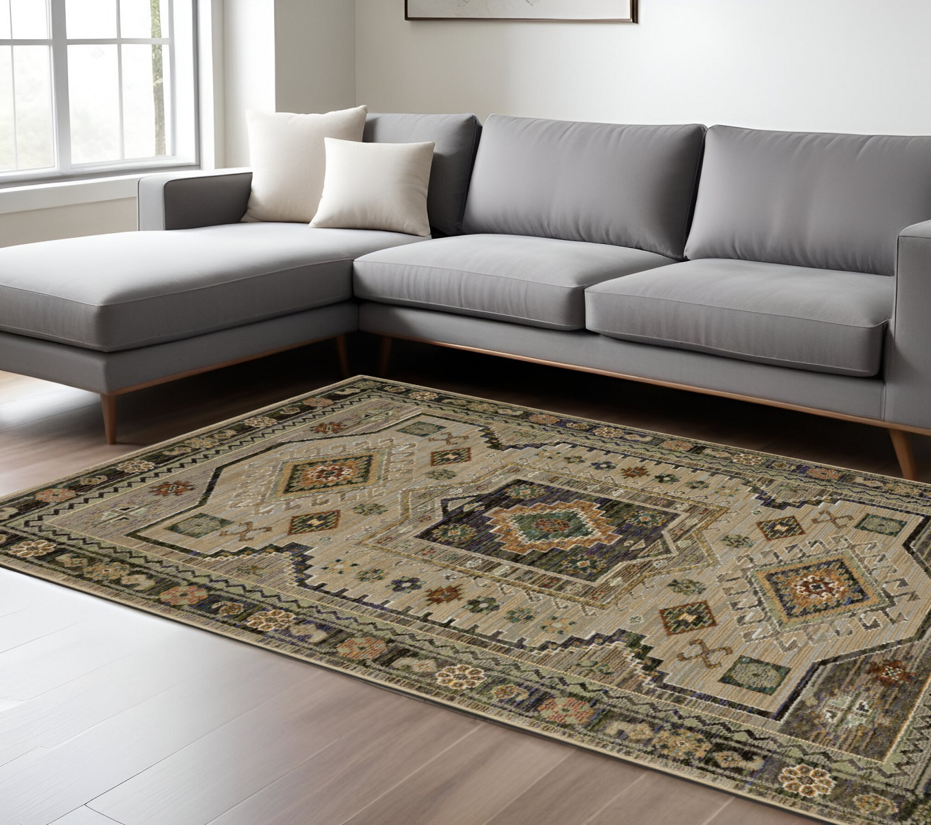 7' X 10' Gray And Green Tribal Area Rug-576274-1