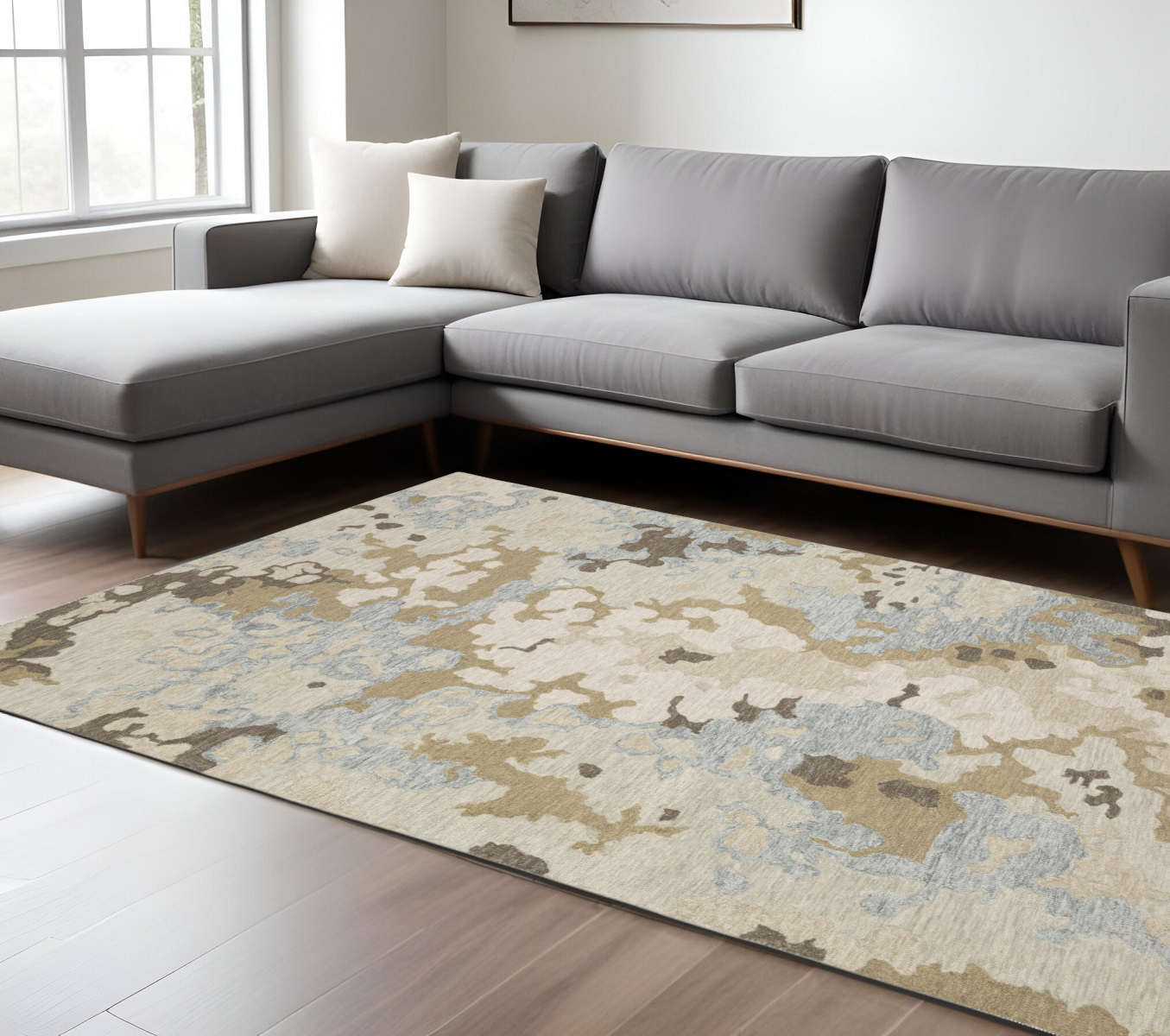 10' X 13' Beige And Blue Wool Abstract Hand Tufted Area Rug-576354-1