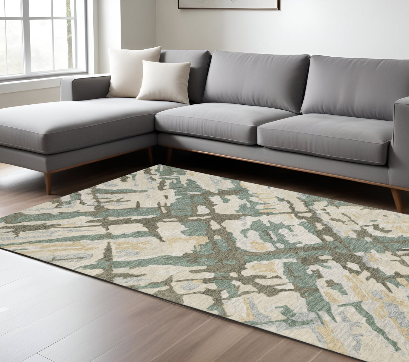 10' X 13' Gray And Teal Wool Abstract Hand Tufted Area Rug-576356-1