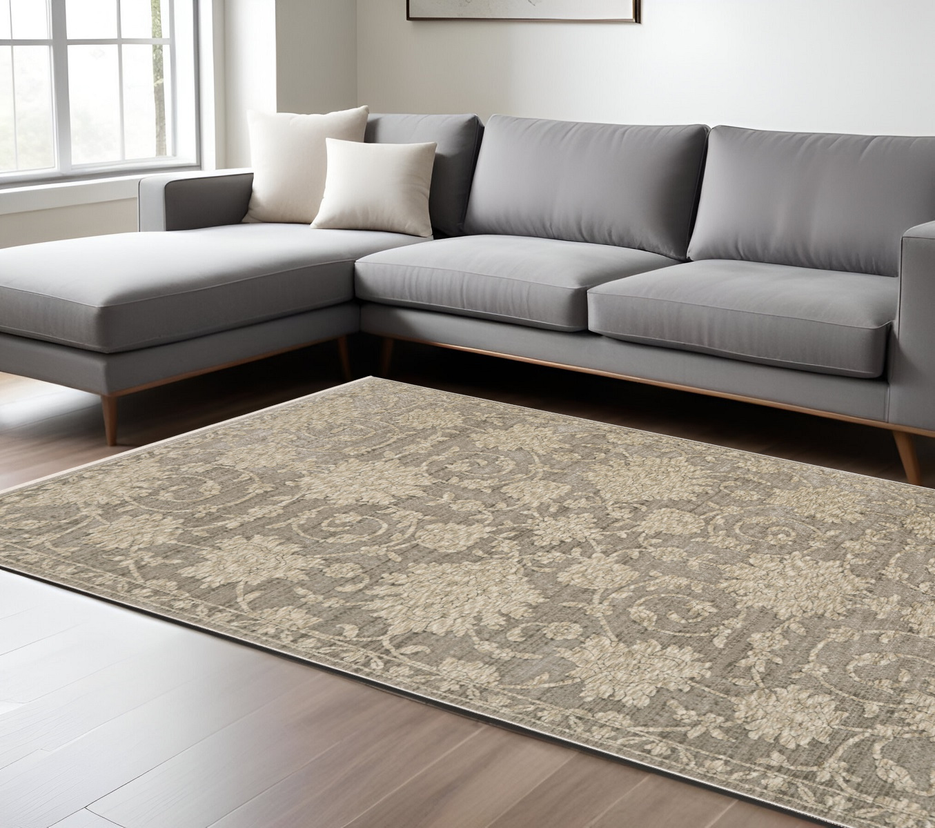 10' X 13' Gray And Beige Floral Area Rug With Fringe-576501-1