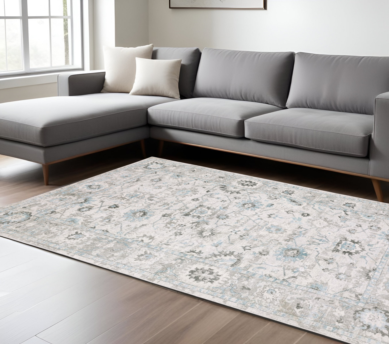 9' X 12' Ivory And Teal Blue Oriental Hand Tufted Area Rug-576523-1