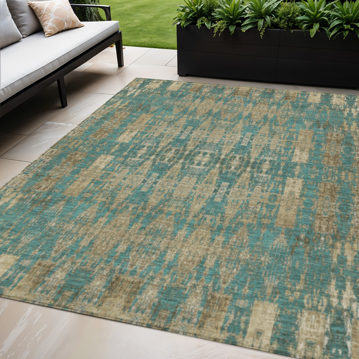 5' X 8' Teal Blue Taupe And Beige Moroccan Washable Indoor Outdoor Area Rug-577218-1