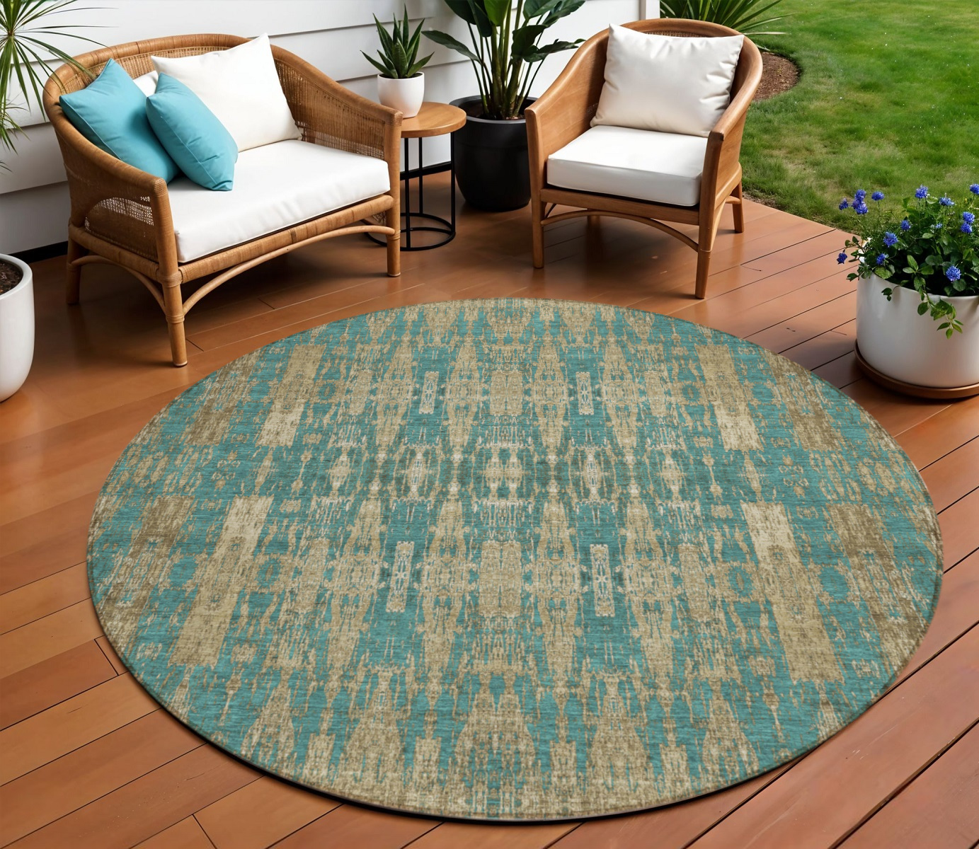 8' Teal Blue Taupe And Beige Round Moroccan Washable Indoor Outdoor Area Rug-577219-1