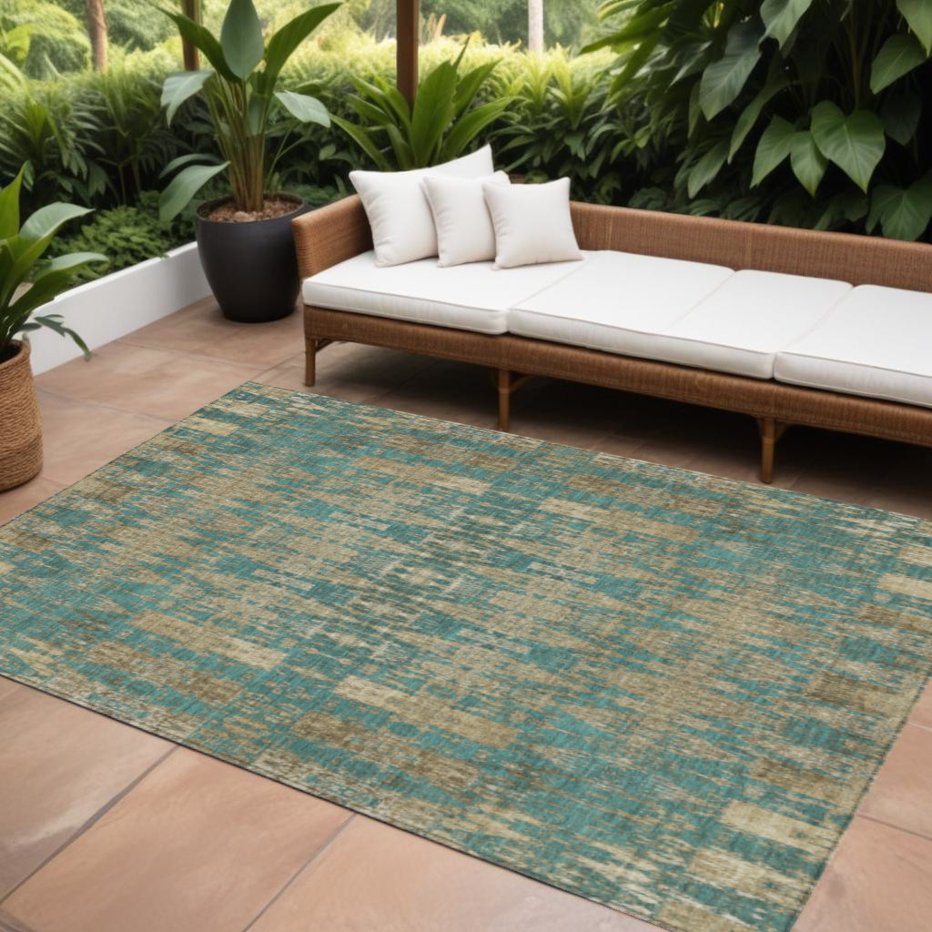 8' X 10' Teal Blue Taupe And Beige Moroccan Washable Indoor Outdoor Area Rug-577220-1