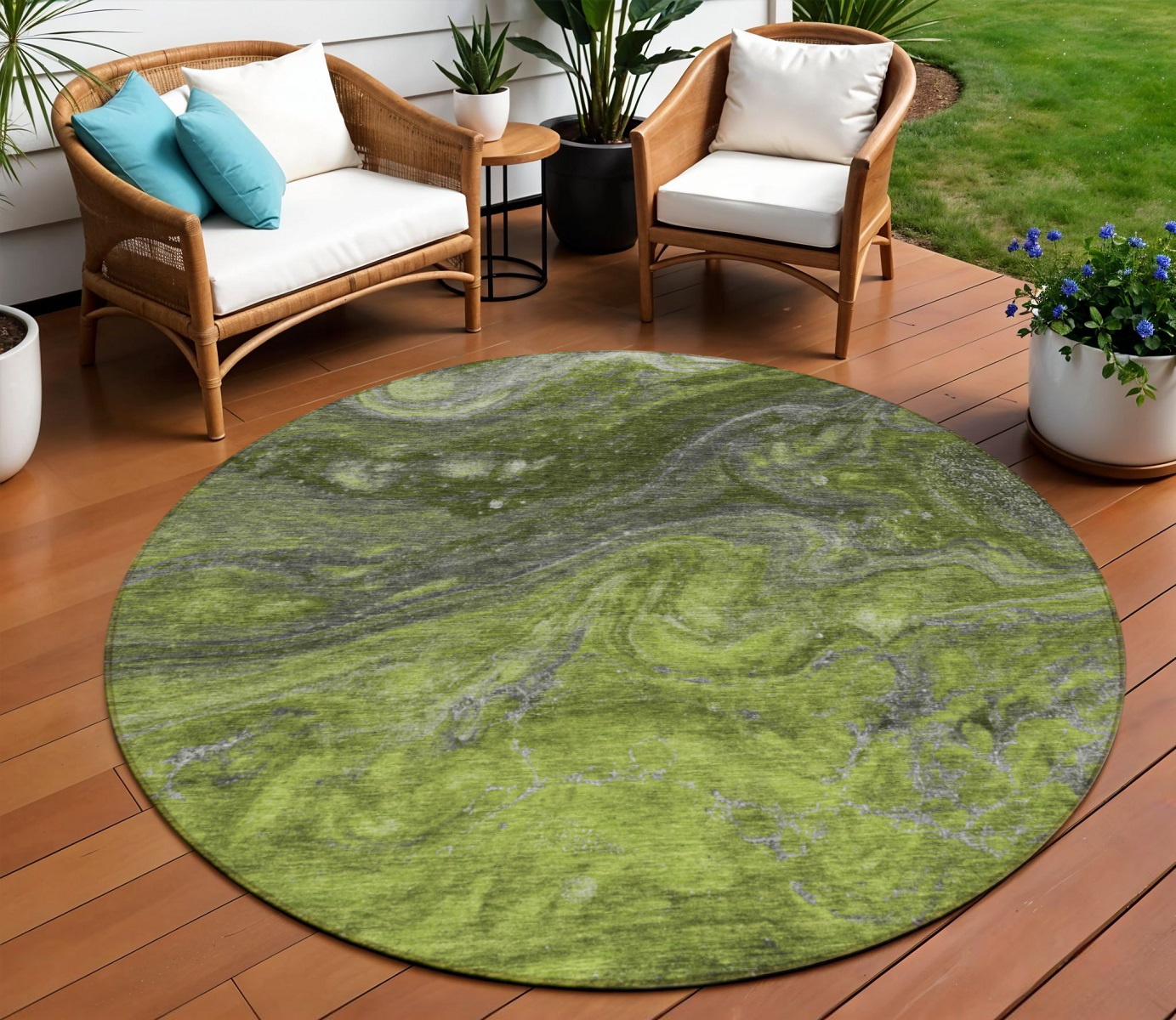 8' Olive Green And Lime Green Round Abstract Washable Indoor Outdoor Area Rug-577831-1