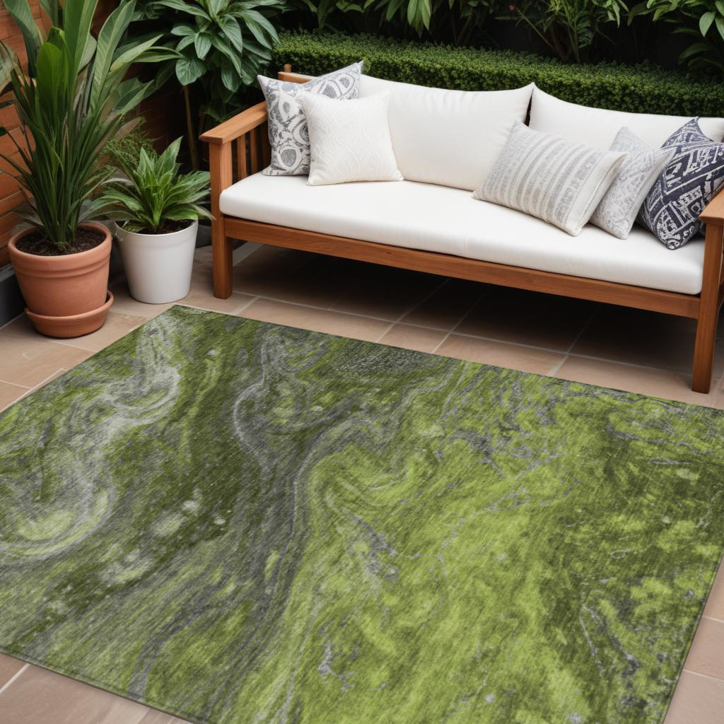9' X 12' Olive Green And Lime Green Abstract Washable Indoor Outdoor Area Rug-577833-1