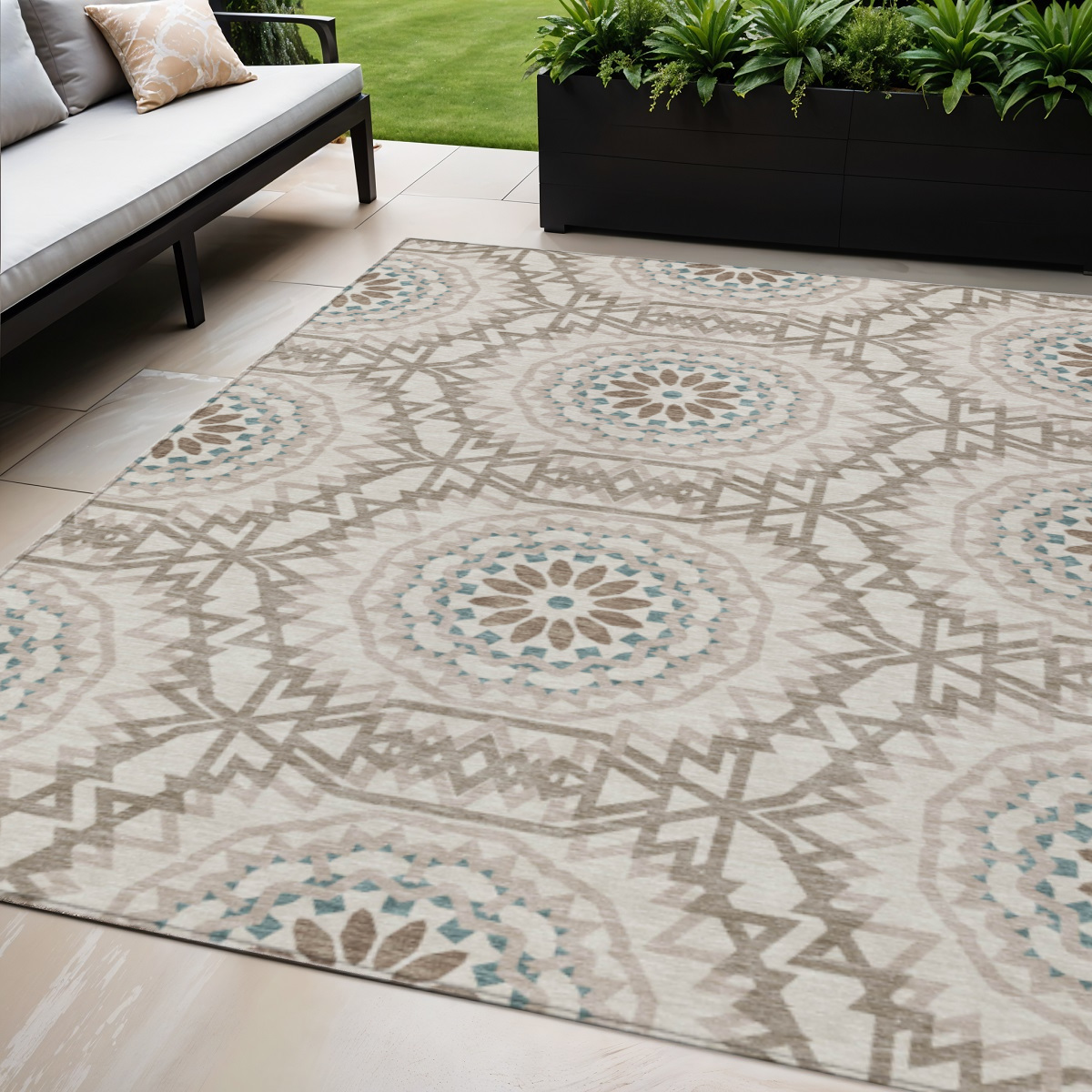 5' X 8' Beige Brown And Teal Blue Floral Medallion Washable Indoor Outdoor Area Rug-578575-1