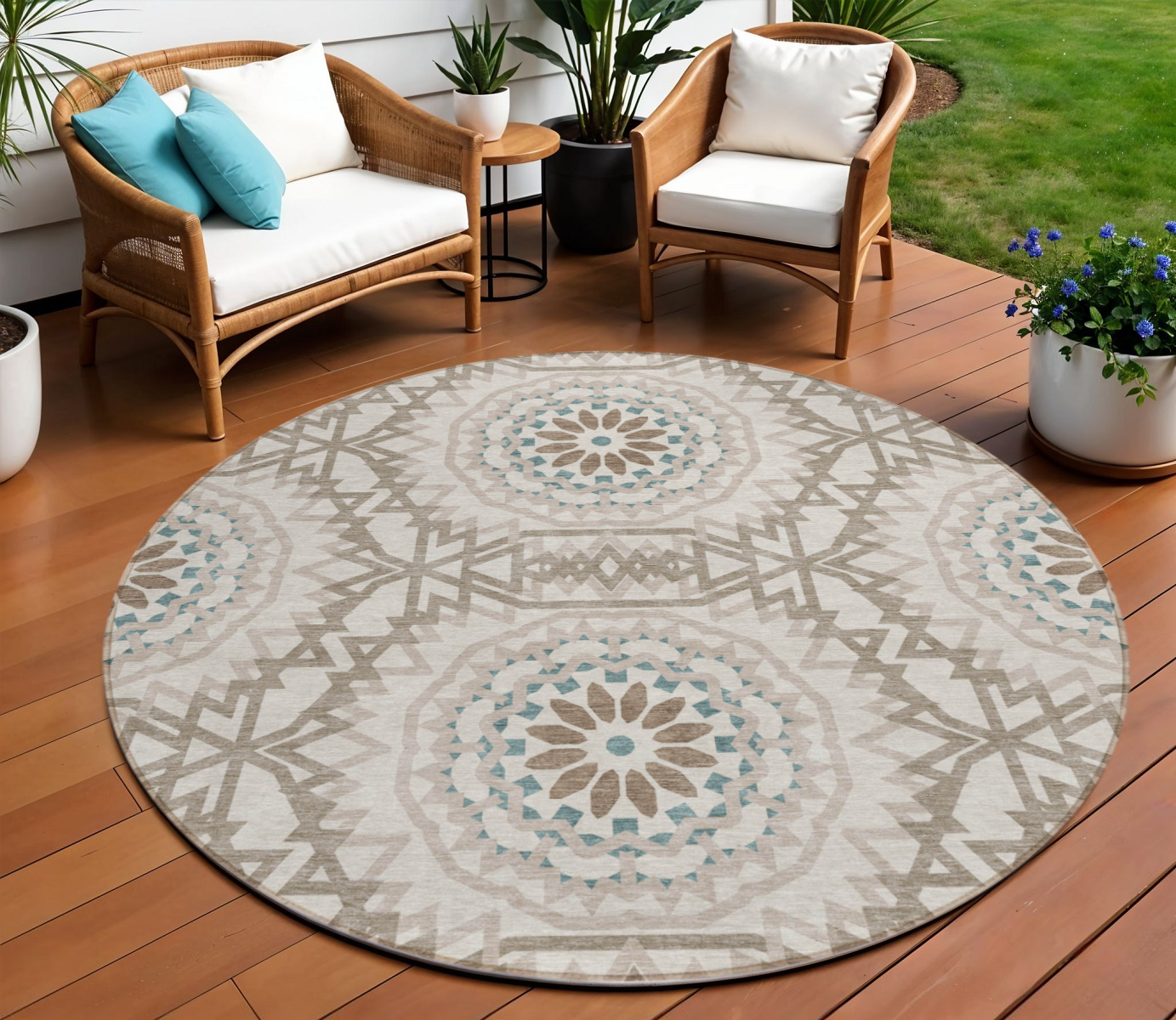 8' Beige Brown And Teal Blue Round Floral Medallion Washable Indoor Outdoor Area Rug-578576-1