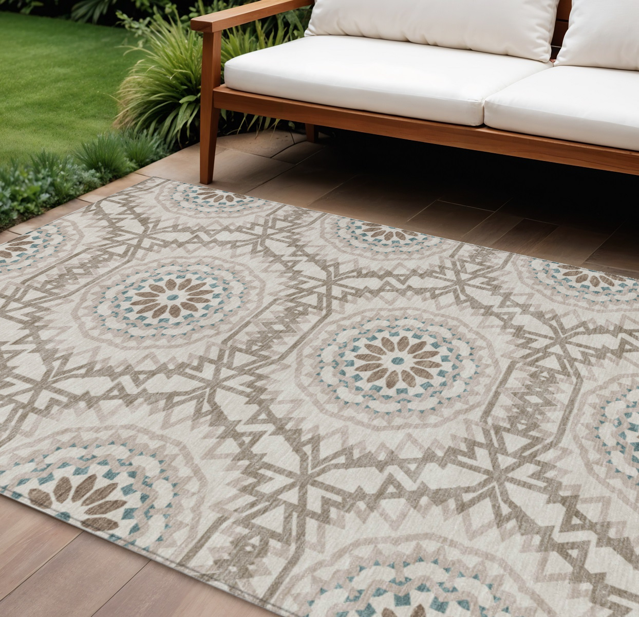 8' X 10' Beige Brown And Teal Blue Floral Medallion Washable Indoor Outdoor Area Rug-578577-1