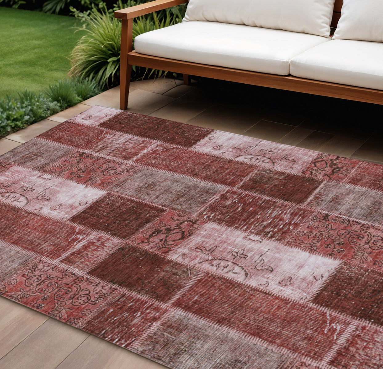 9' X 12' Burgundy Merlot And Blush Patchwork Washable Indoor Outdoor Area Rug-579329-1