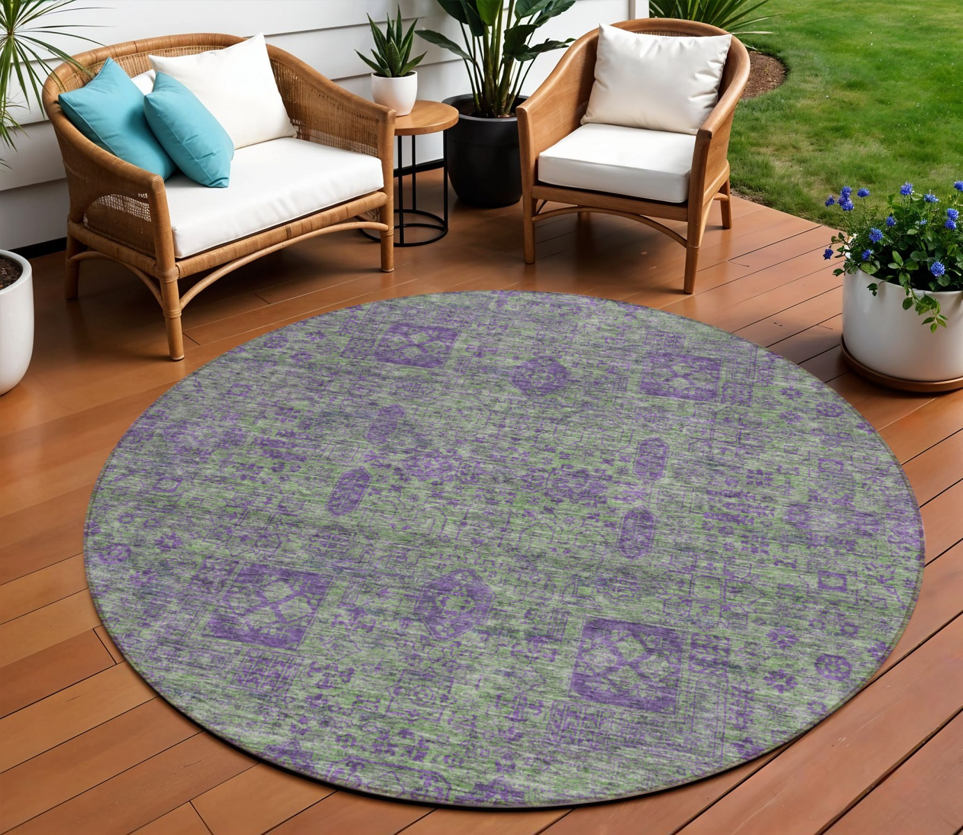 8' Fern Green And Purple Round Oriental Washable Indoor Outdoor Area Rug-579621-1