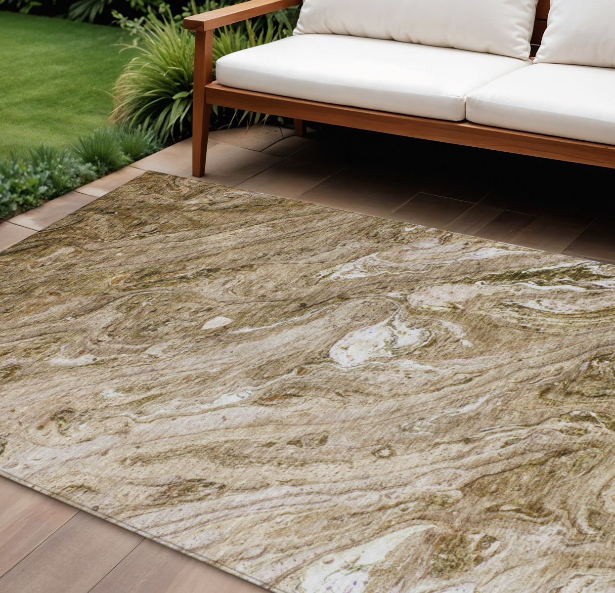 9' X 12' Brown Tan And Beige Abstract Washable Indoor Outdoor Area Rug-579683-1