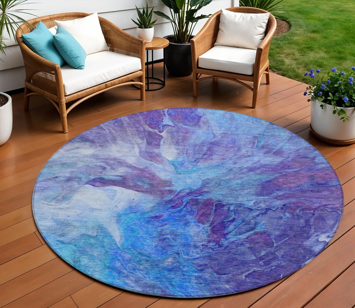 8' Purple And Navy Blue Round Abstract Washable Indoor Outdoor Area Rug-579711-1